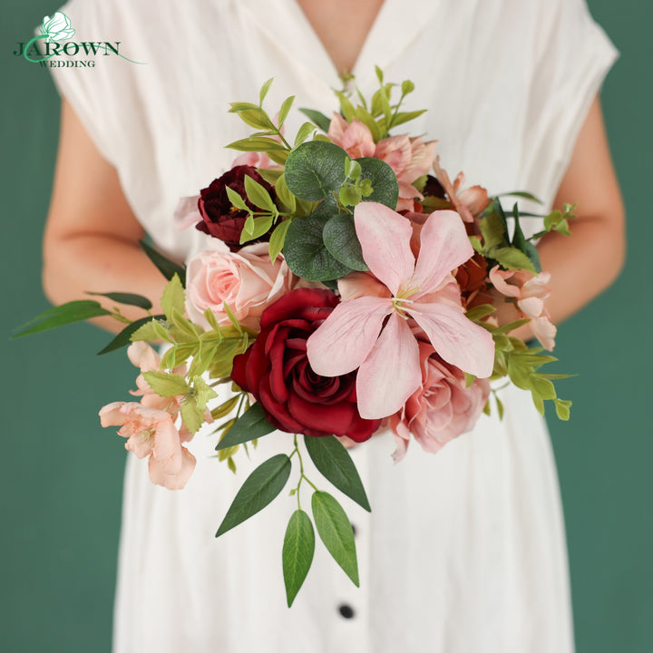 Bouquet & Boutonniere & Chair in Pink/Brown/Burgundy/Green