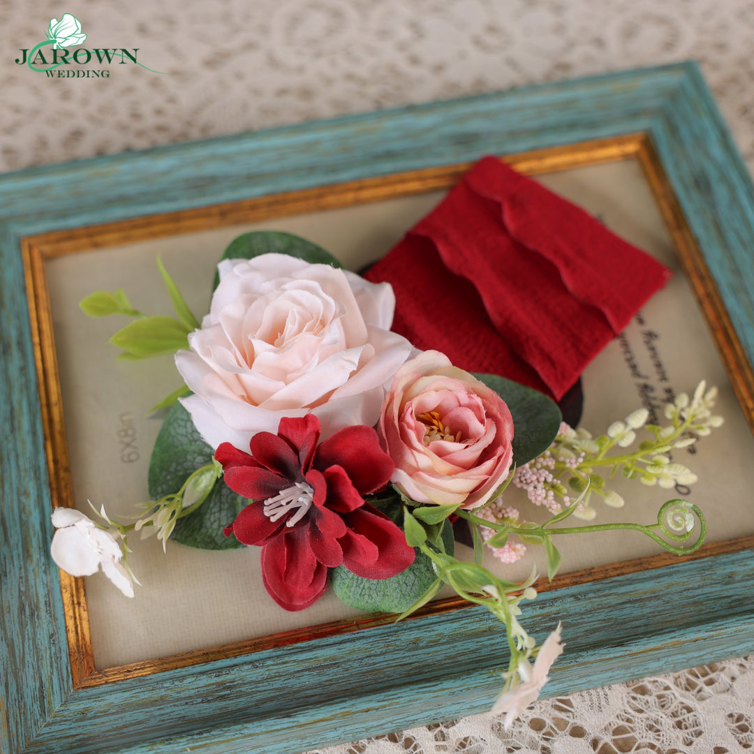 Bouquet & Boutonniere & Chair in Pink/Brown/Burgundy/Green