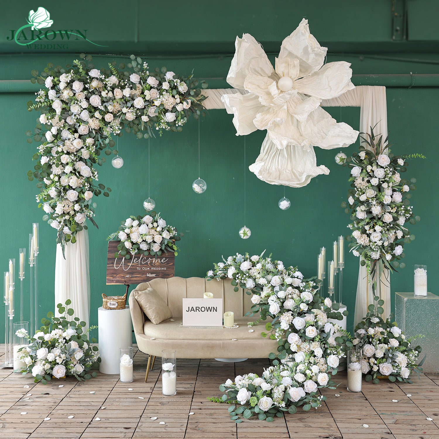 Sign & Runner & Aisle & Backdrop Flower in Green/White – JarownWedding