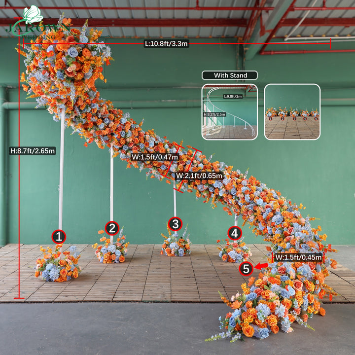 Unusual-Shaped Flower Arch in Orange/Blue