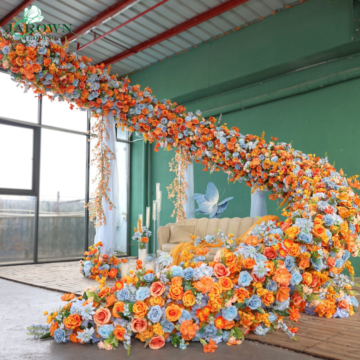Unusual-Shaped Flower Arch in Orange/Blue